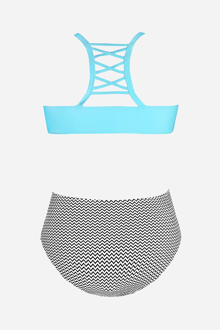 Sky Blue and Stripe Print Plus Size Bikini
