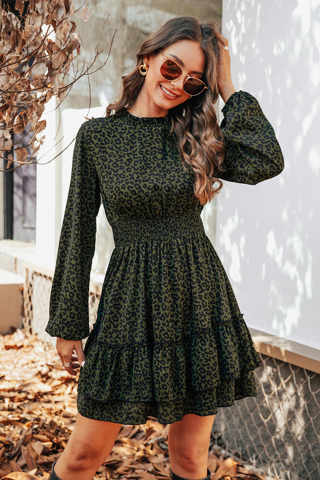 Long Sleeve Leopard Tiered Flounce Dress