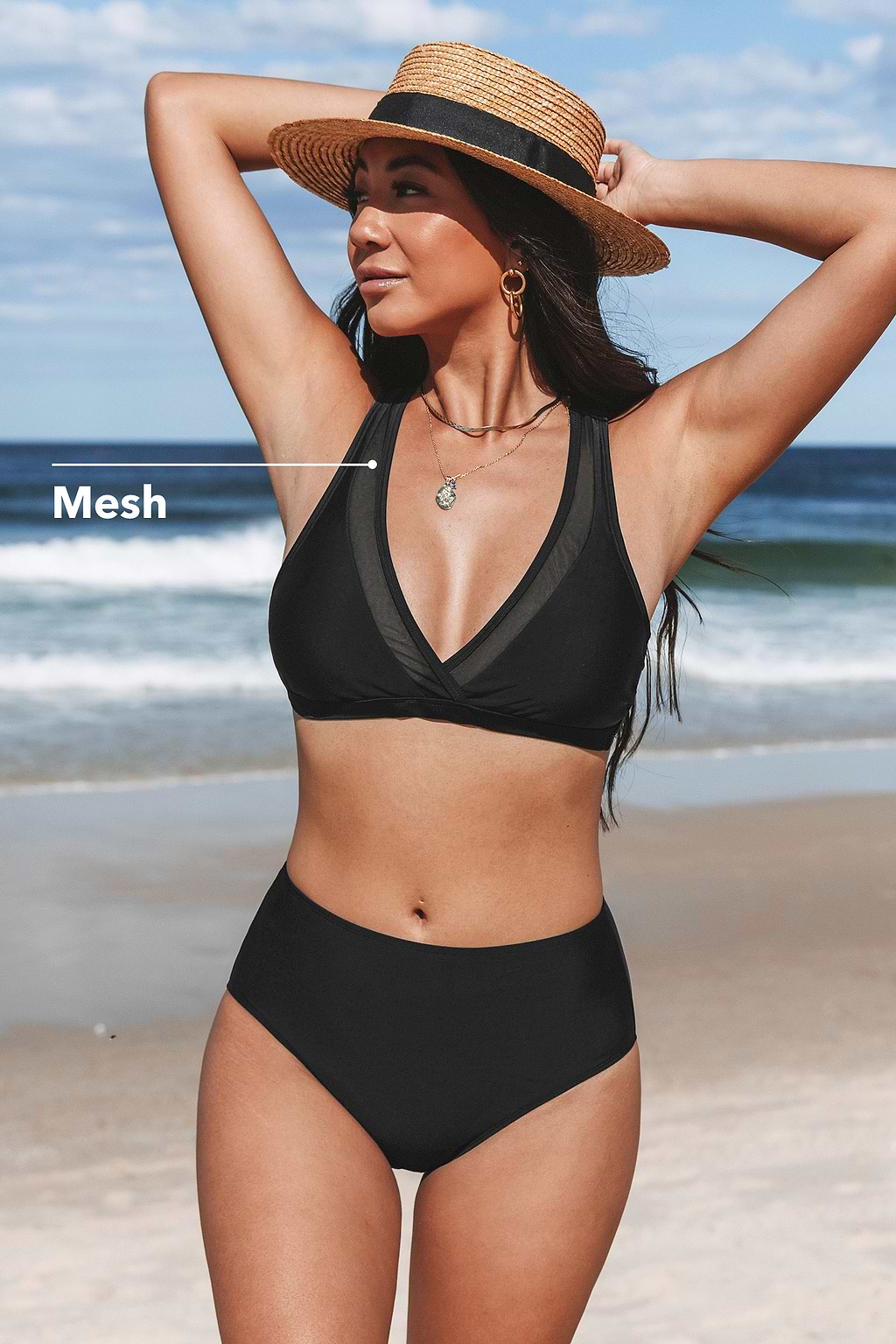 Bralette de malla y bikini retro de cintura alta