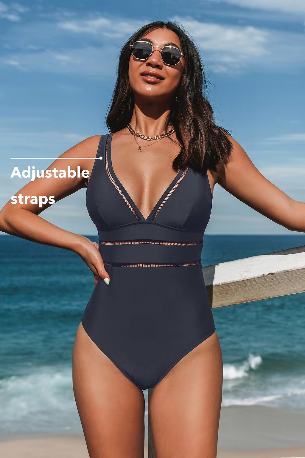 Azul Bañador Monokini Negro Azul Marino con Ribete de Escalera