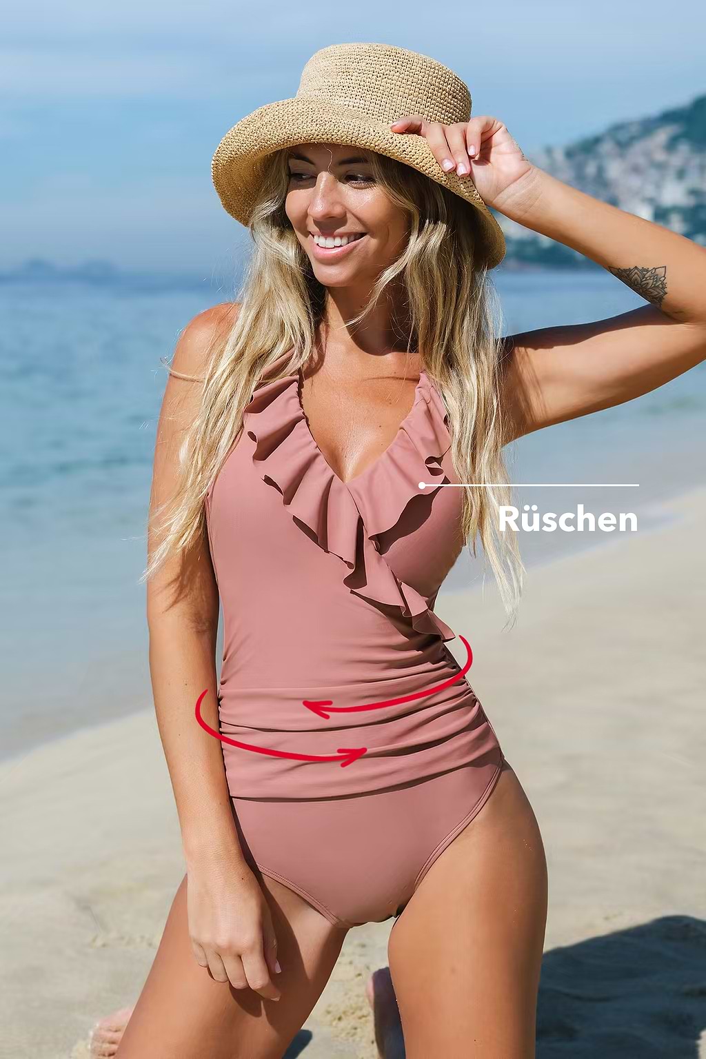 Neckholder-Badeanzug mit Rüschen in Rosa