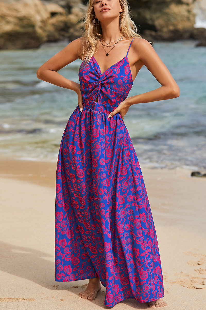 Robe maxi florale à col en V avec nœud