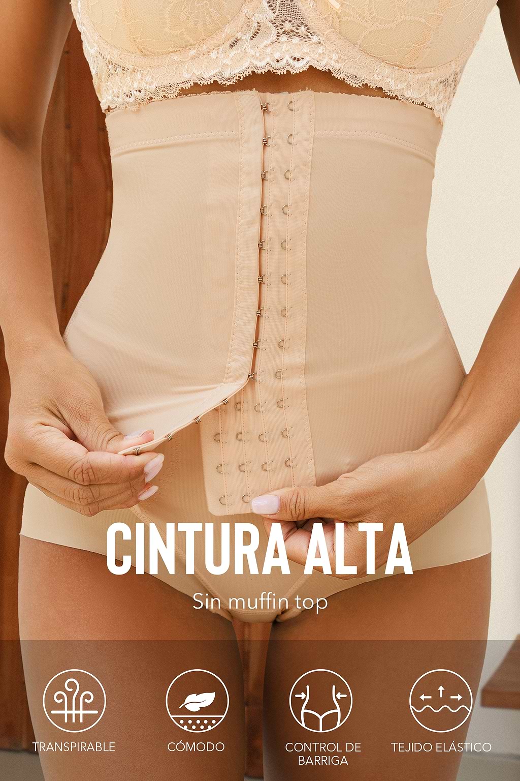 Faja moldeadora con liga delantera con ganchos y ojales color piel