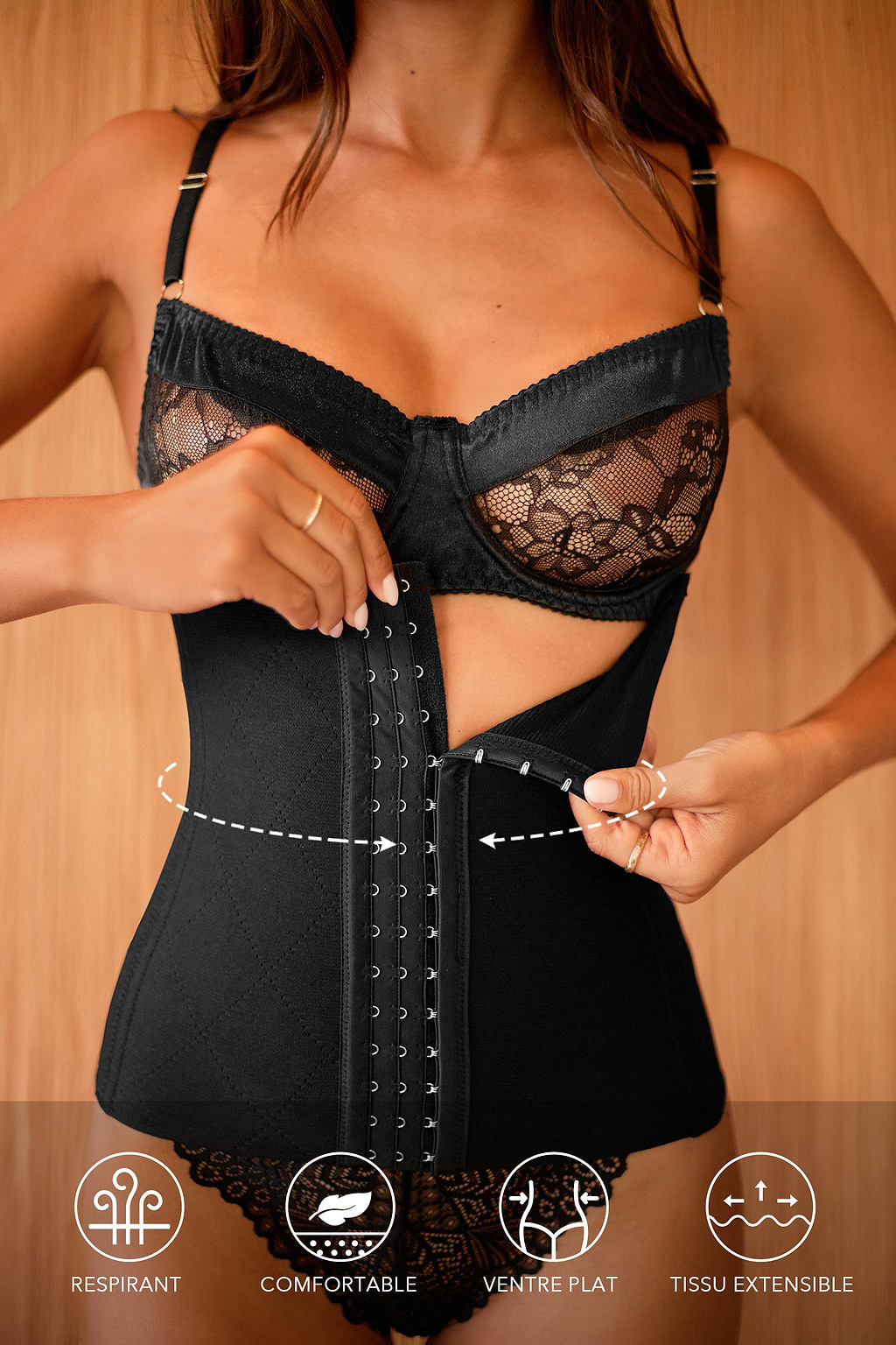 Corset ventre plat noir ajustable