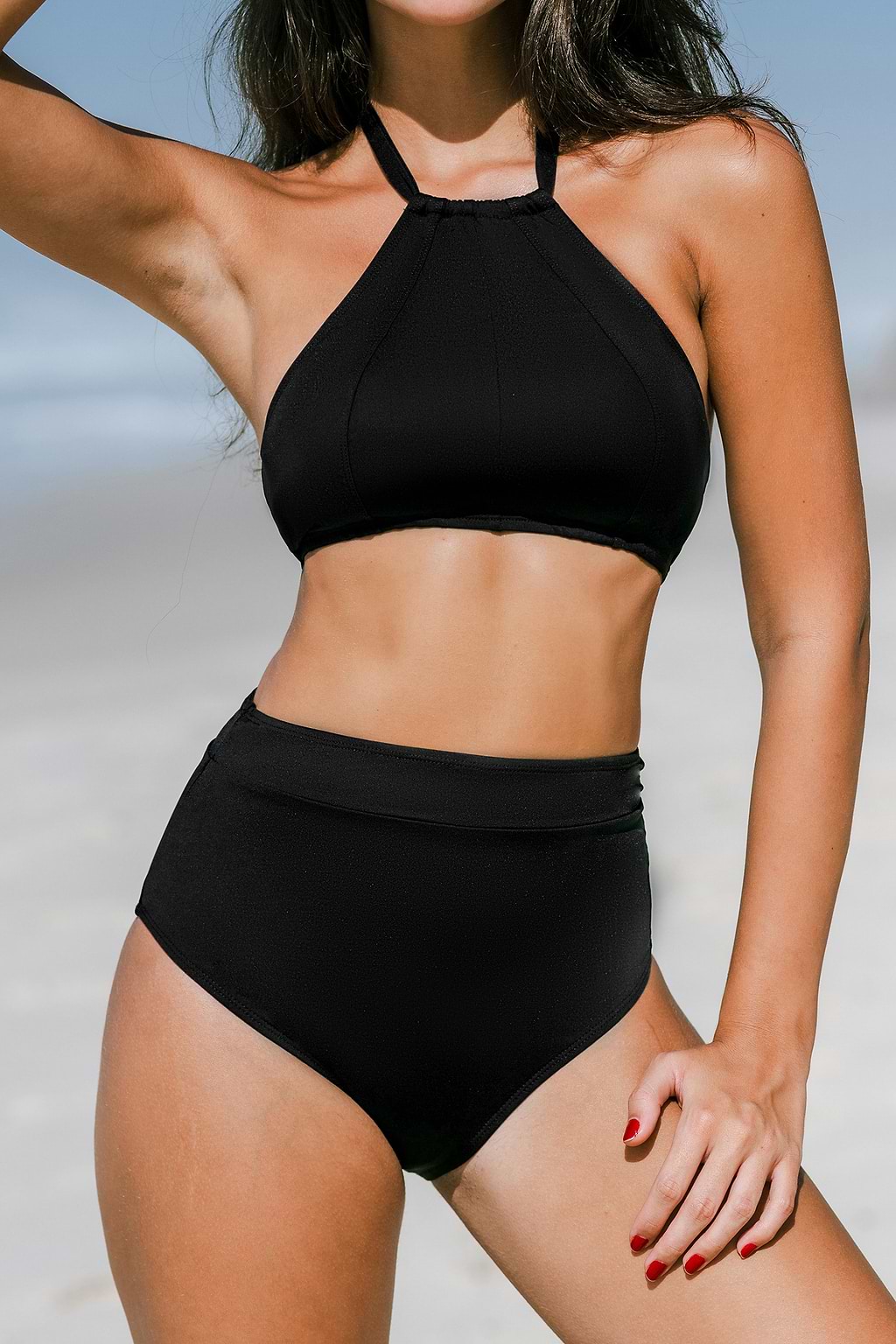 Bikini taille haute à col haut et bande noir