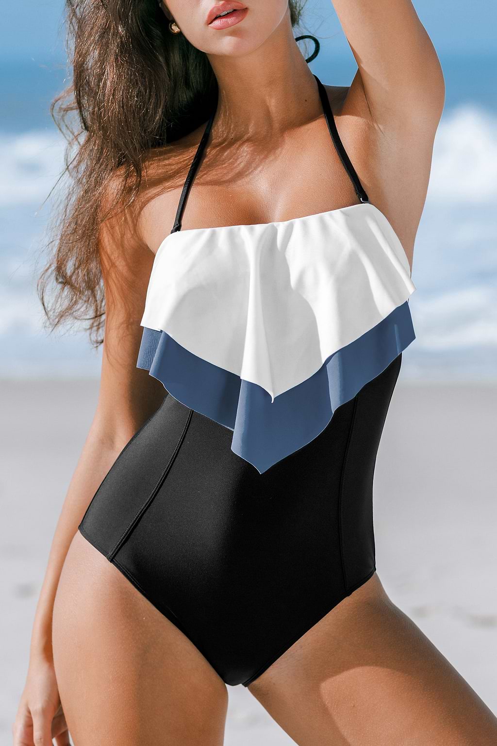 Maillot de bain une pièce ventre plat monochrome à volants