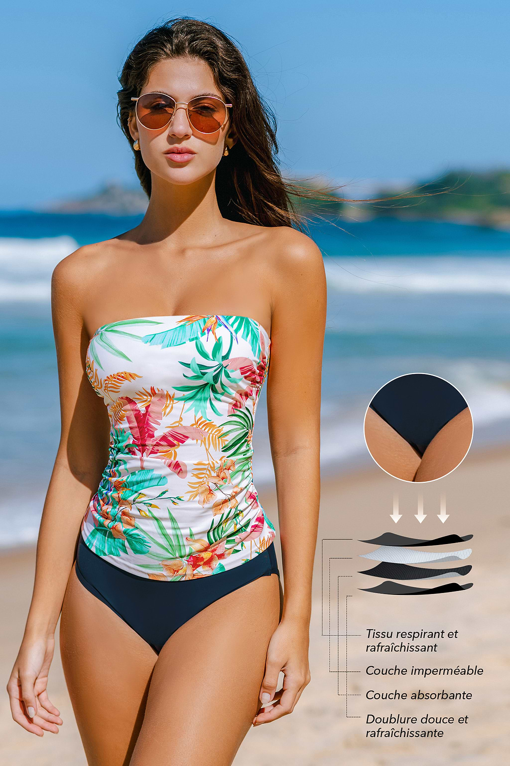 Tankini taille haute menstruel à col droit ruché tropical