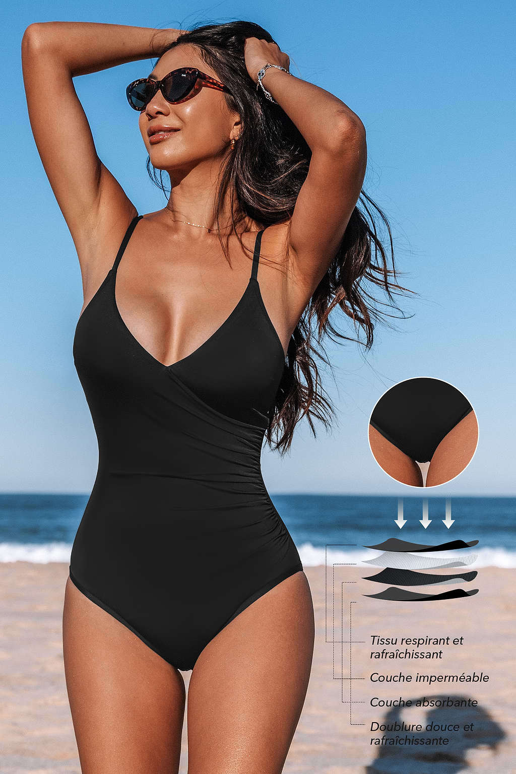 Maillot de bain une pièce menstruel col surplis à lacer dans le dos