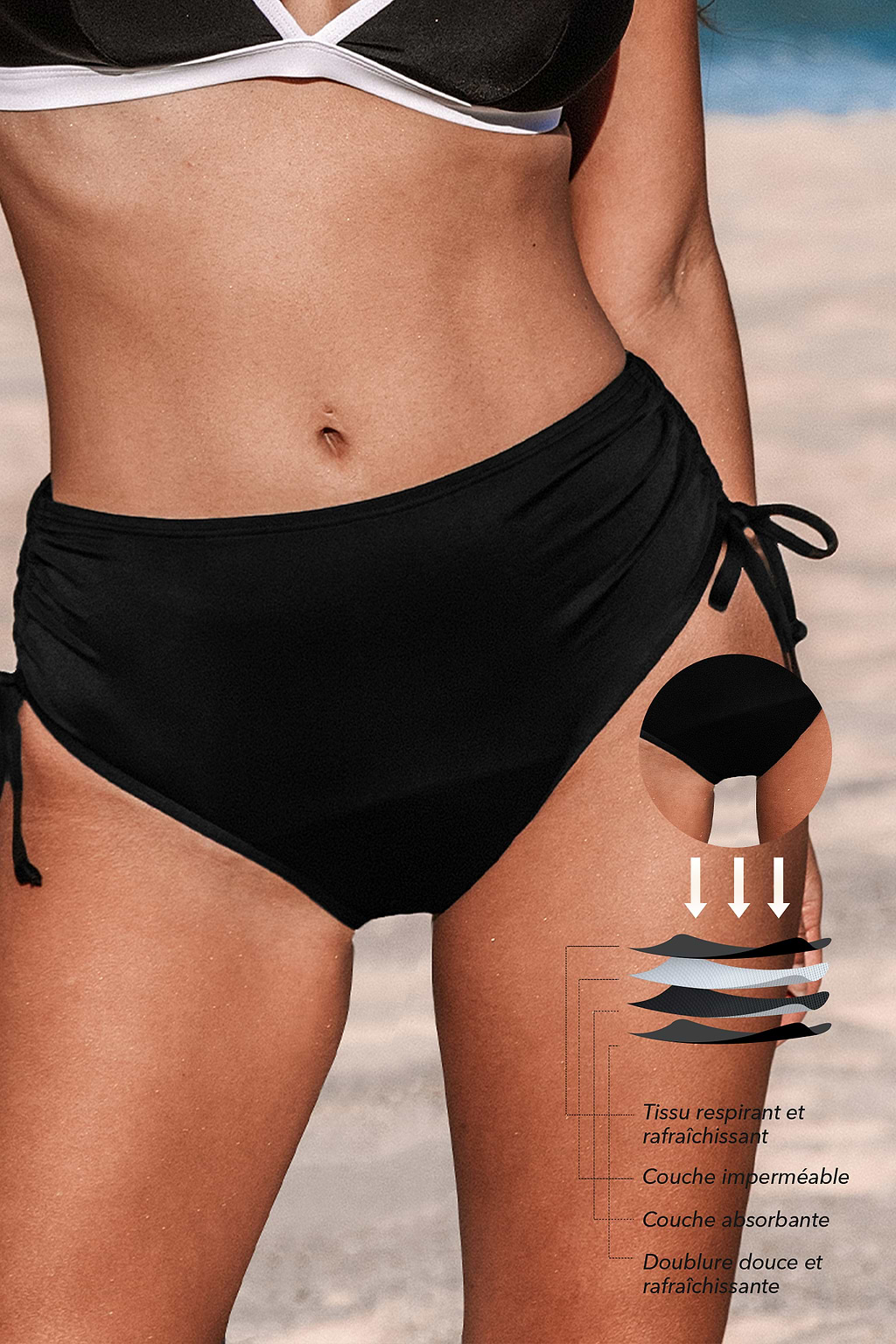 Bas de bikini menstruel standard à cordon noir