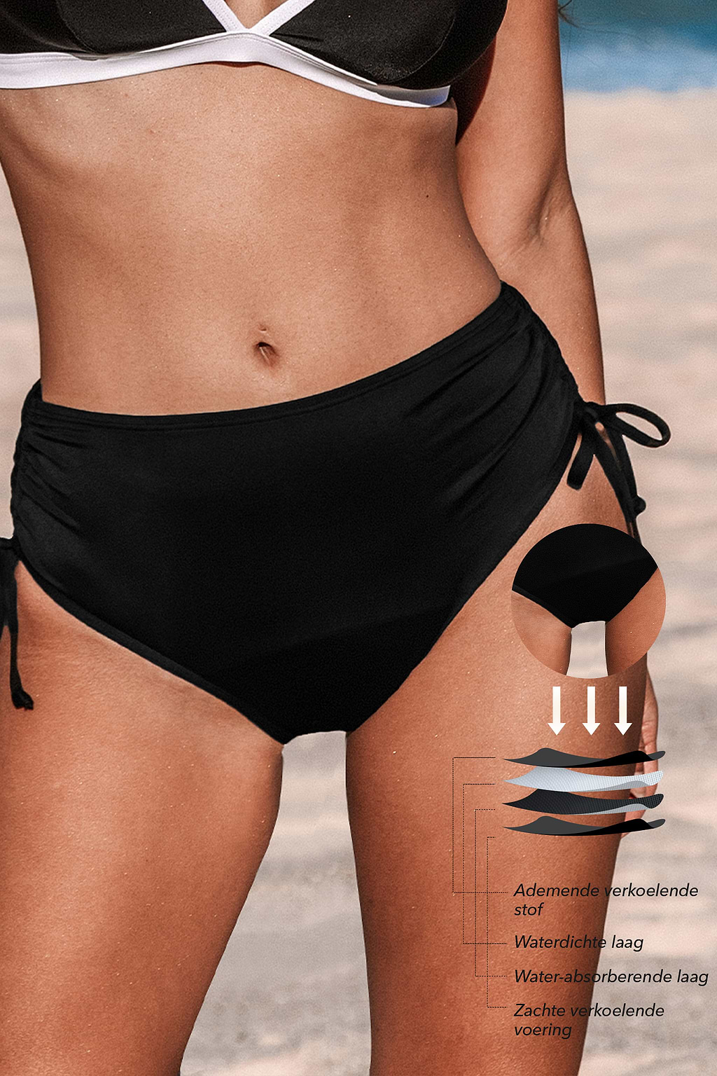 Periode zwarte standaard bikinibroekje met trekkoord