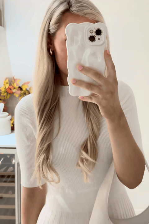 White Ribbed Crew Neck Elbow Sleeve Pleated Midi Knit Dress