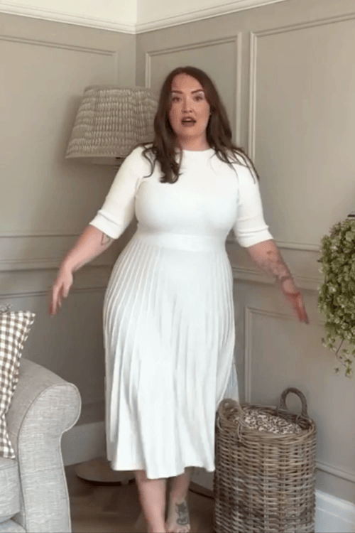 White Mockneck Pleated Skirt Midi Dress