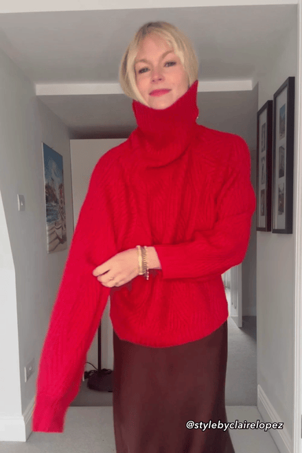 Red Knit Puff Sleeve Turtleneck Sweater