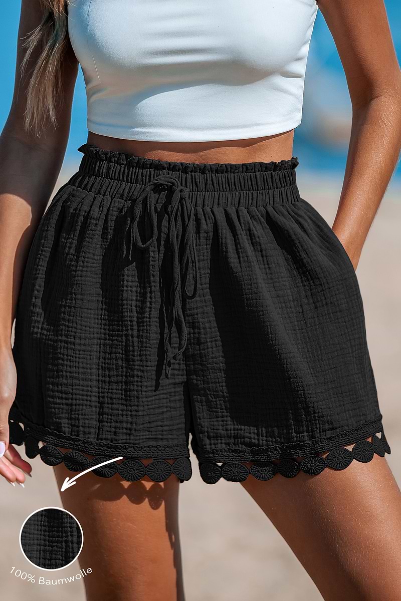 Schwarze Baumwoll-Strandshorts mit Taillenband
