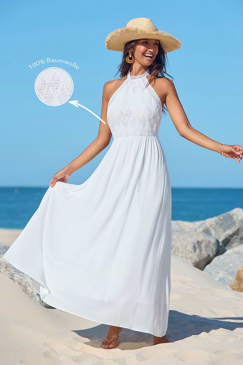 Weißes Baumwoll-Maxikleid mit Kontrastspitze