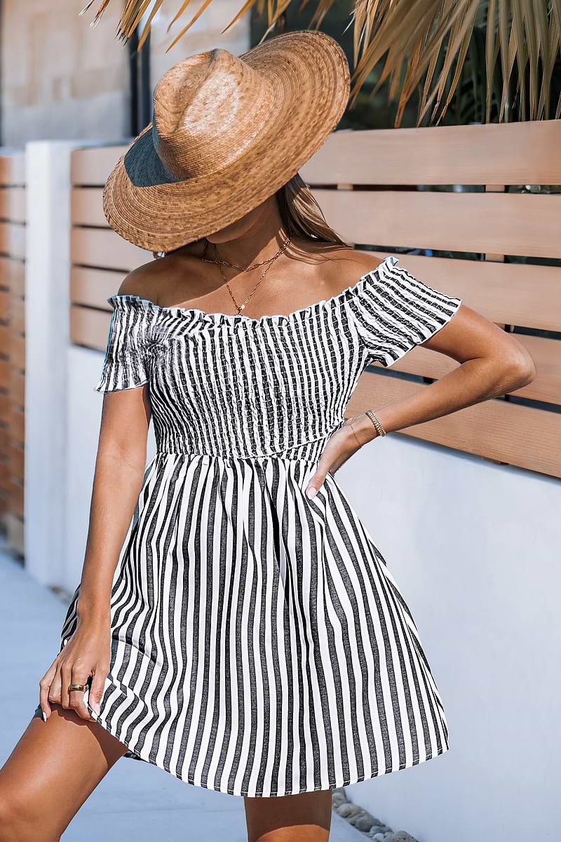 Striped Off-Shoulder Smocked Mini Dress
