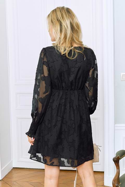 Black Mesh 3D Appliqué Long Sleeve Mini Dress