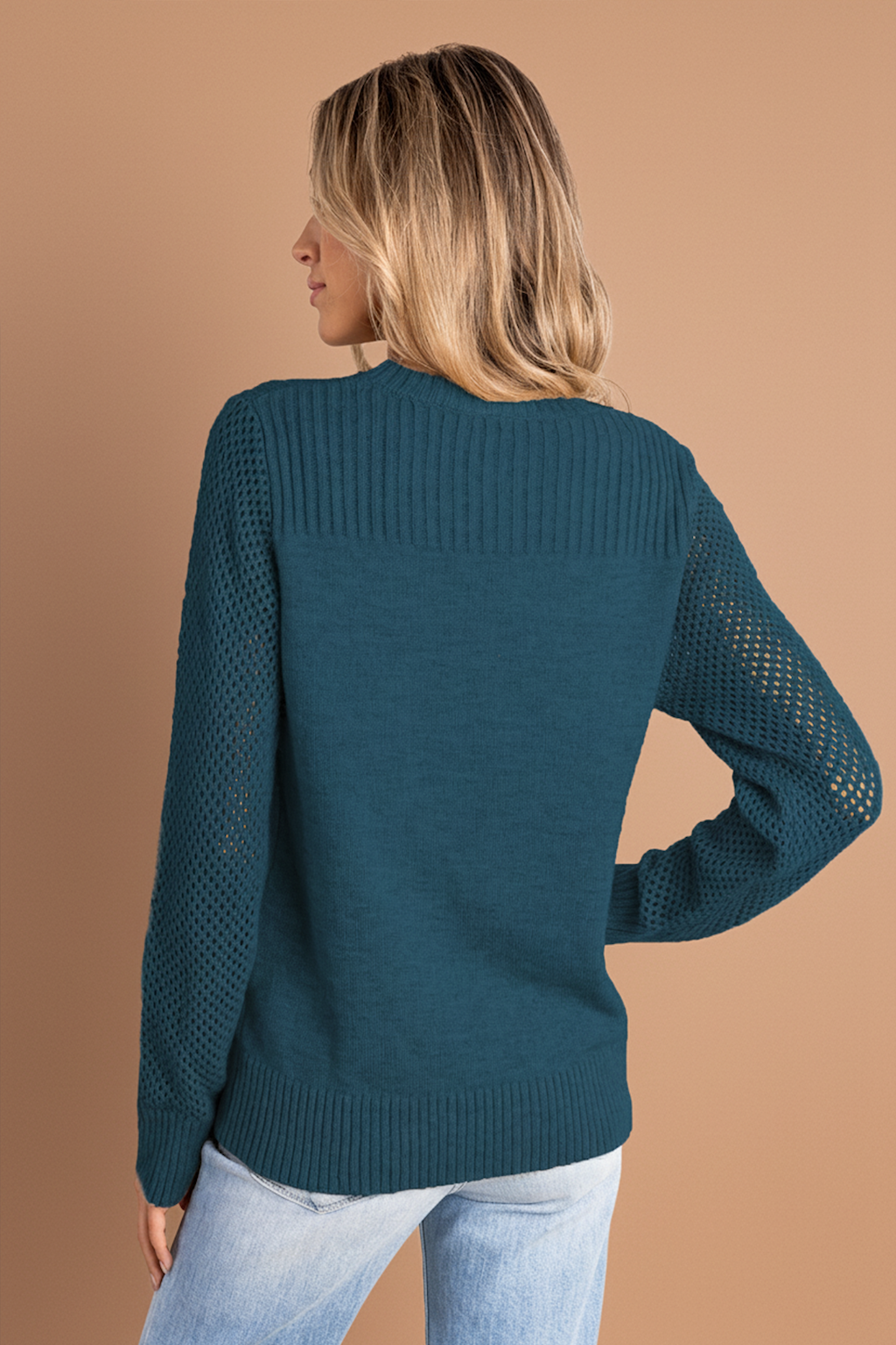 Blue Round Neck Perforated Long Sleeve Knitted Jumper