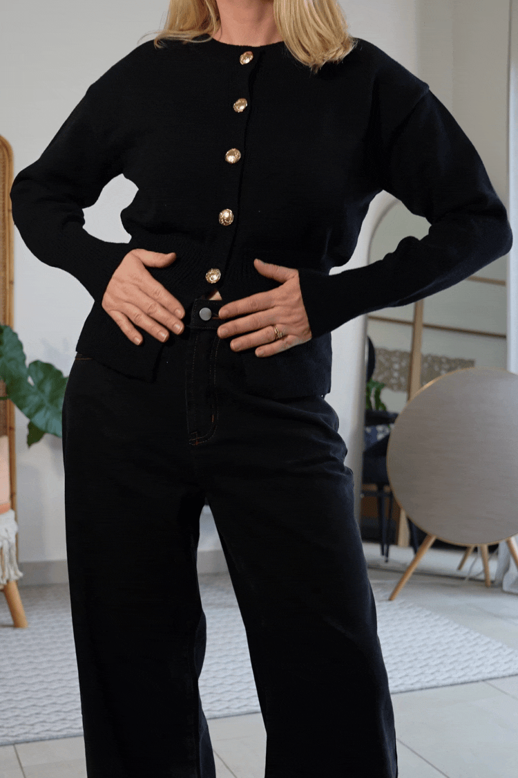 Cardigan noir col rond boutons dorés