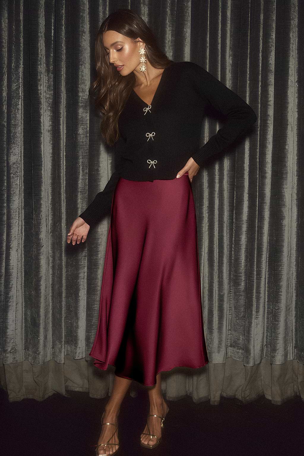 Red Satin Midi Skirt