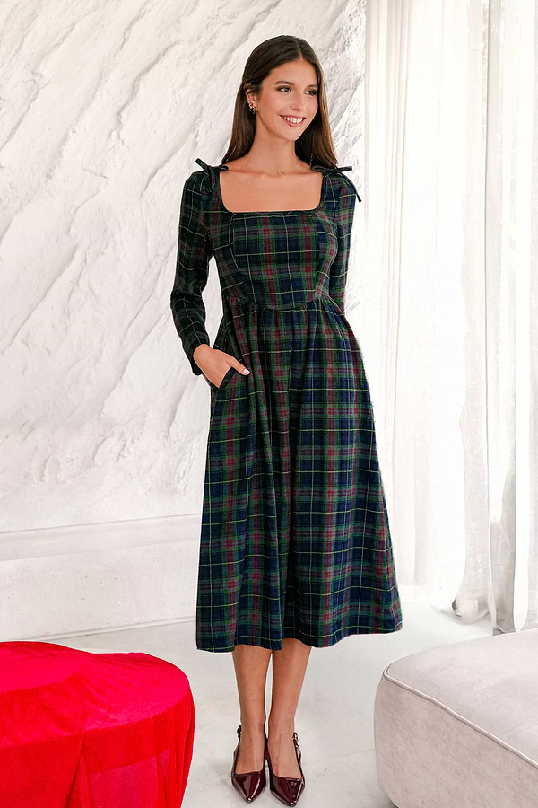 peony plaid holiday sunday midi dress Peony Check Holiday Midi Dress - Brown