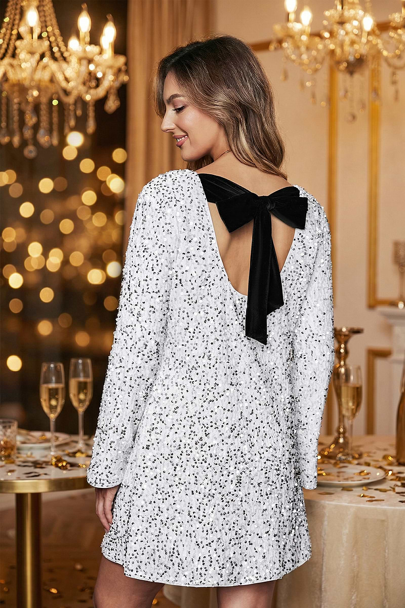 Sequin Boatneck Flared Sleeve Mini Dress