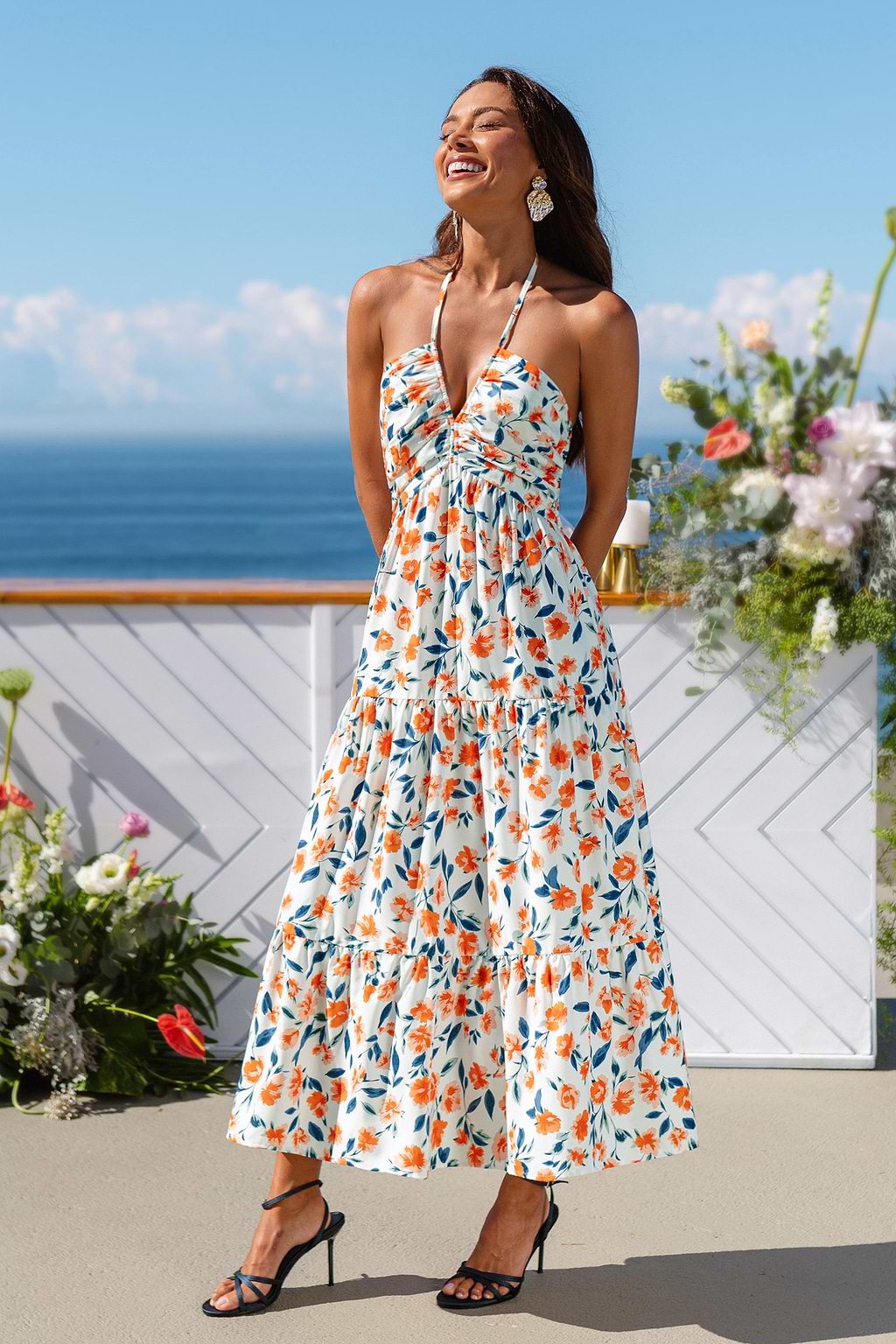 Robe longue tissée fleurie col plongeant