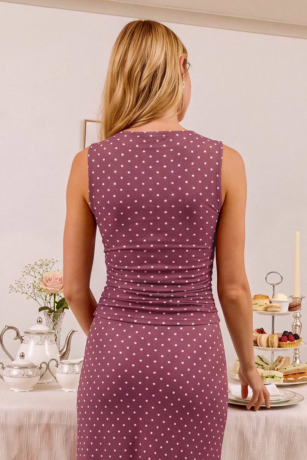 Top à pois tissé à col bateau sans manches