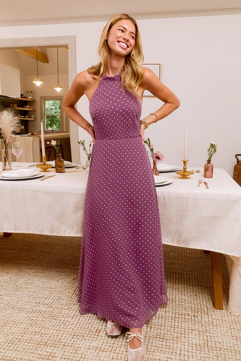Robe longue à pois tissée à col montant sans manches