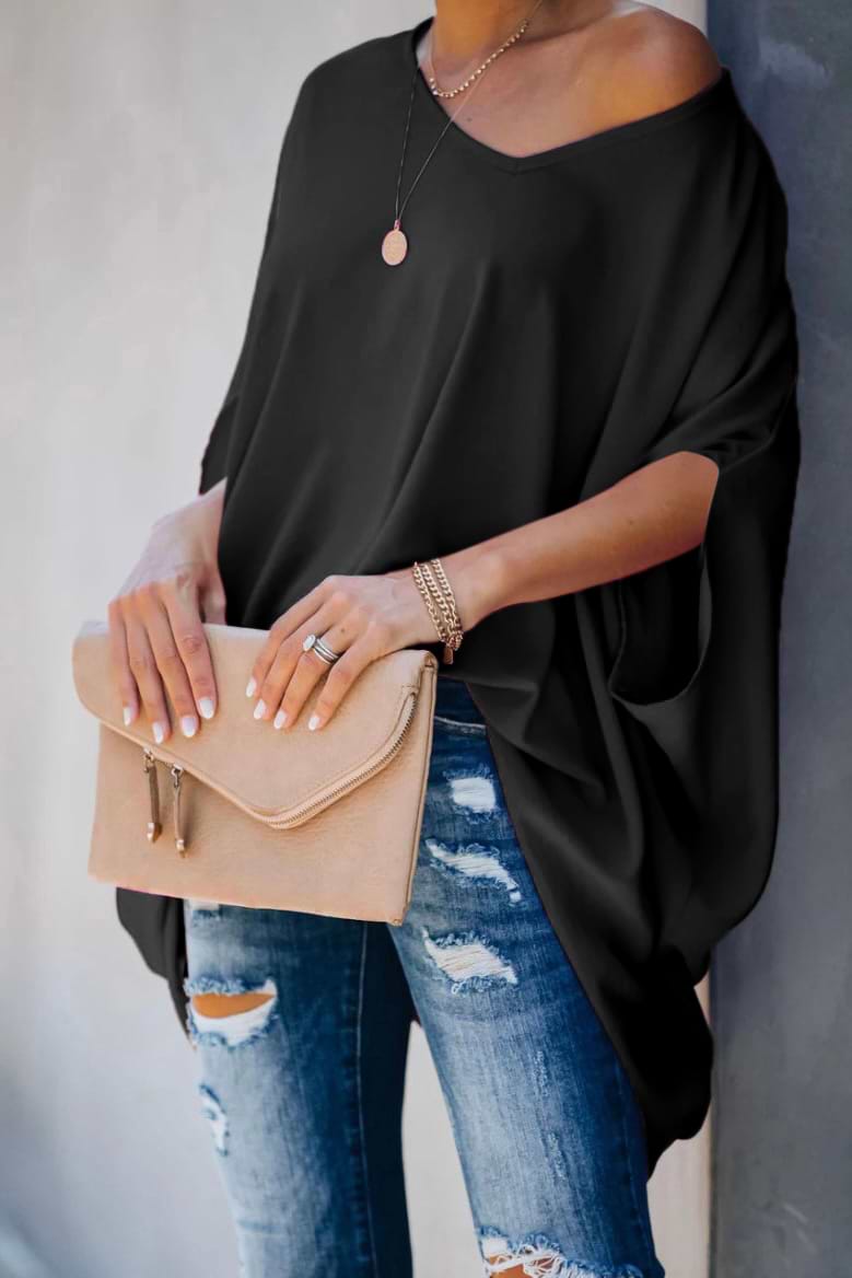 Schwarzes Kurzarm-Oberteil mit V-Ausschnitt und lockerer Taille