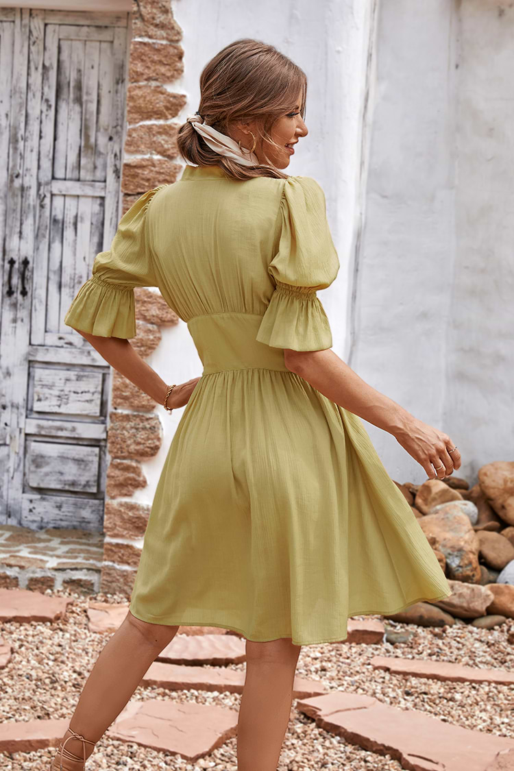 Cable Beach V-neck Bubble Sleeve Smocking A-Shape Dress