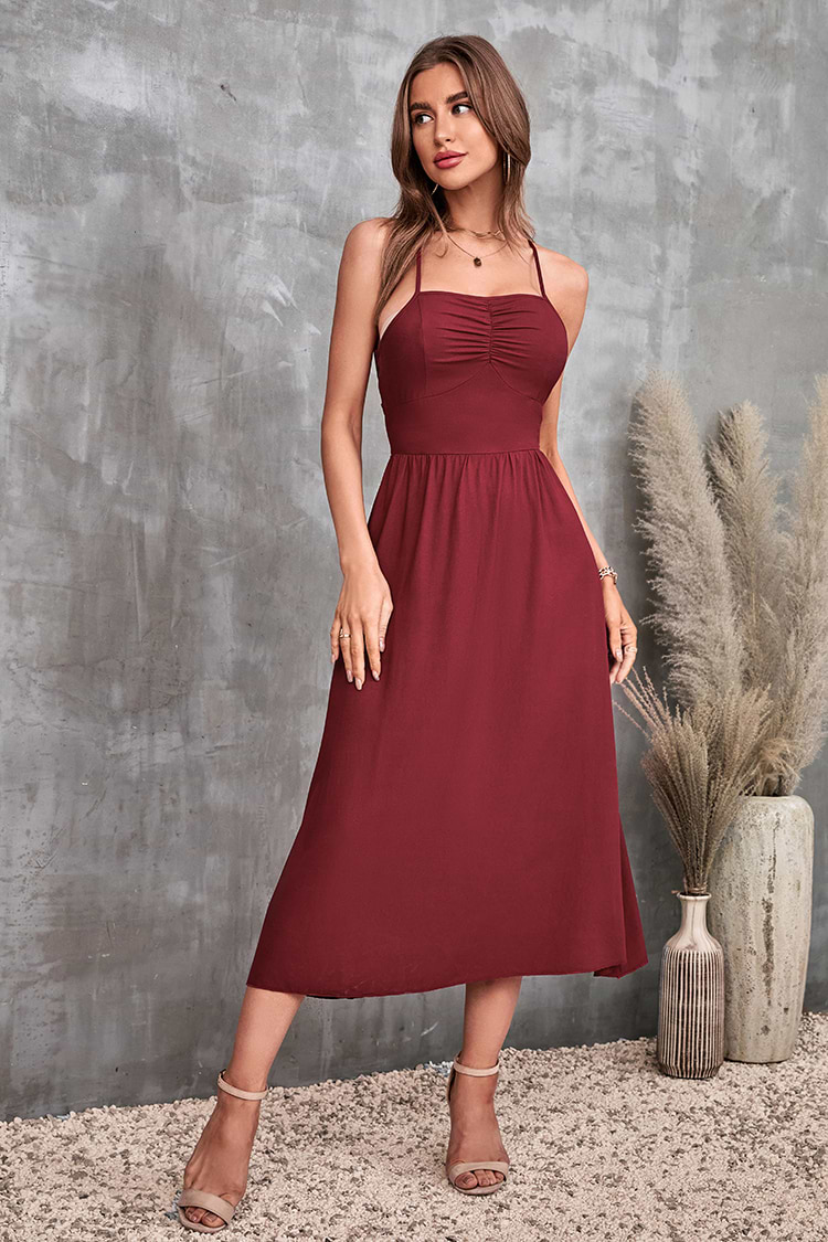 Rotes Rückenfreies Slip-Kleid mit Kordelzug und dünnen Trägern