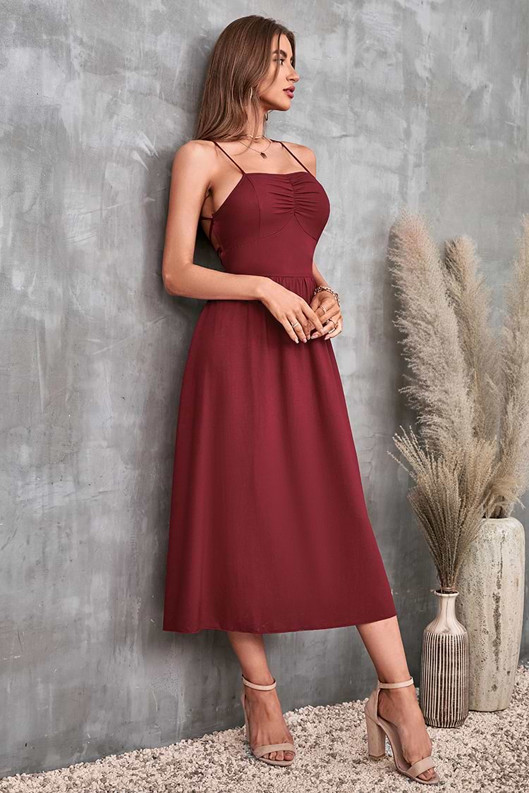 Rotes Rückenfreies Slip-Kleid mit Kordelzug und dünnen Trägern