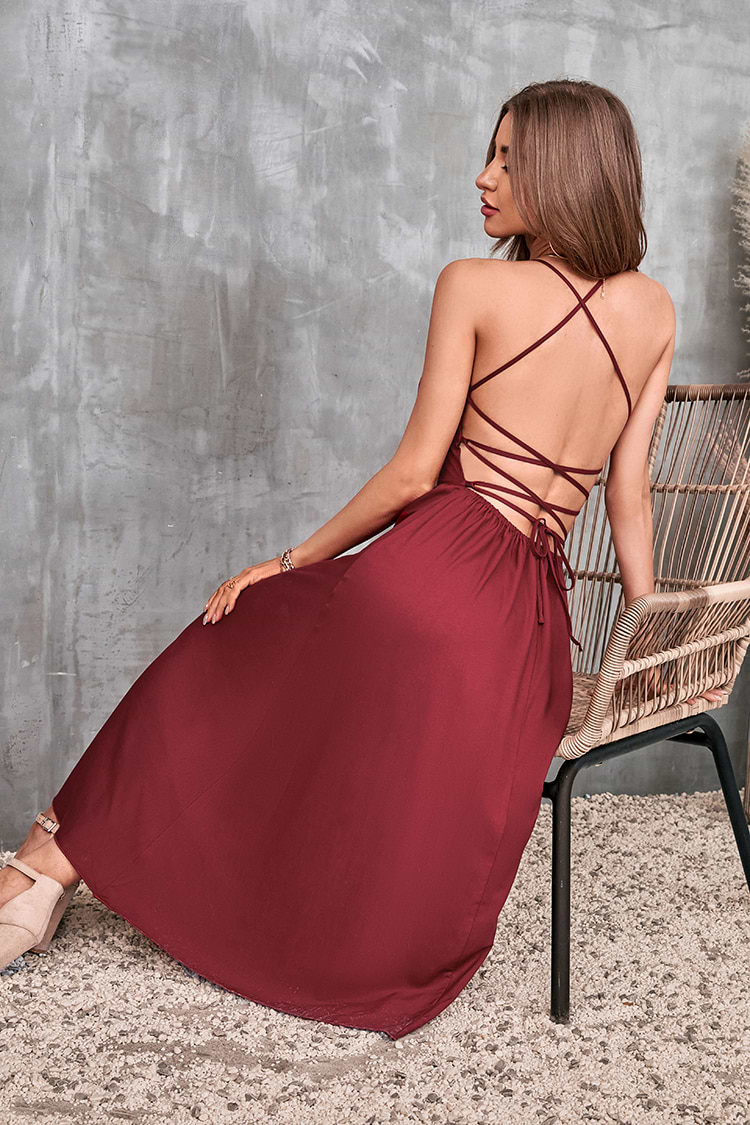 Rotes Rückenfreies Slip-Kleid mit Kordelzug und dünnen Trägern