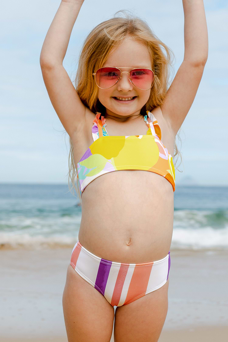 Bikini à bretelles à rayures et volant luminescent pour fille