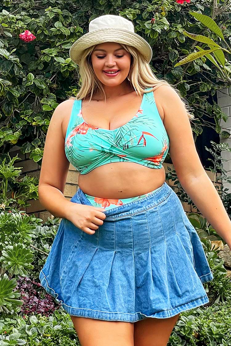 Jungle Flowers Twist Bralette Hipster Tummy Control Plus Size Set