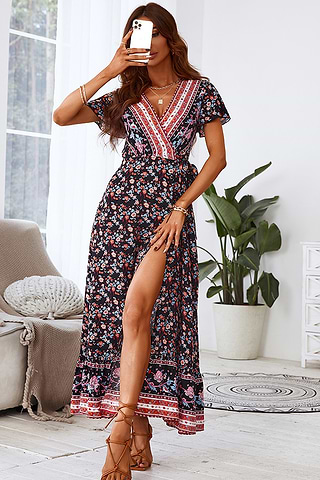 chinese dress ladies Luxe Lady Floral Ruffle Detail Back Lace-up Elastic Waist Maxi Dress –  roschic main image 1