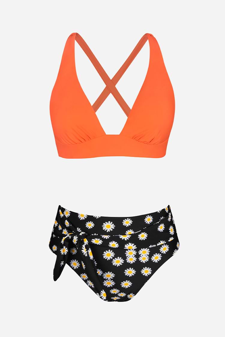 Back Tie Longline Belted and High Waist Bikini Set