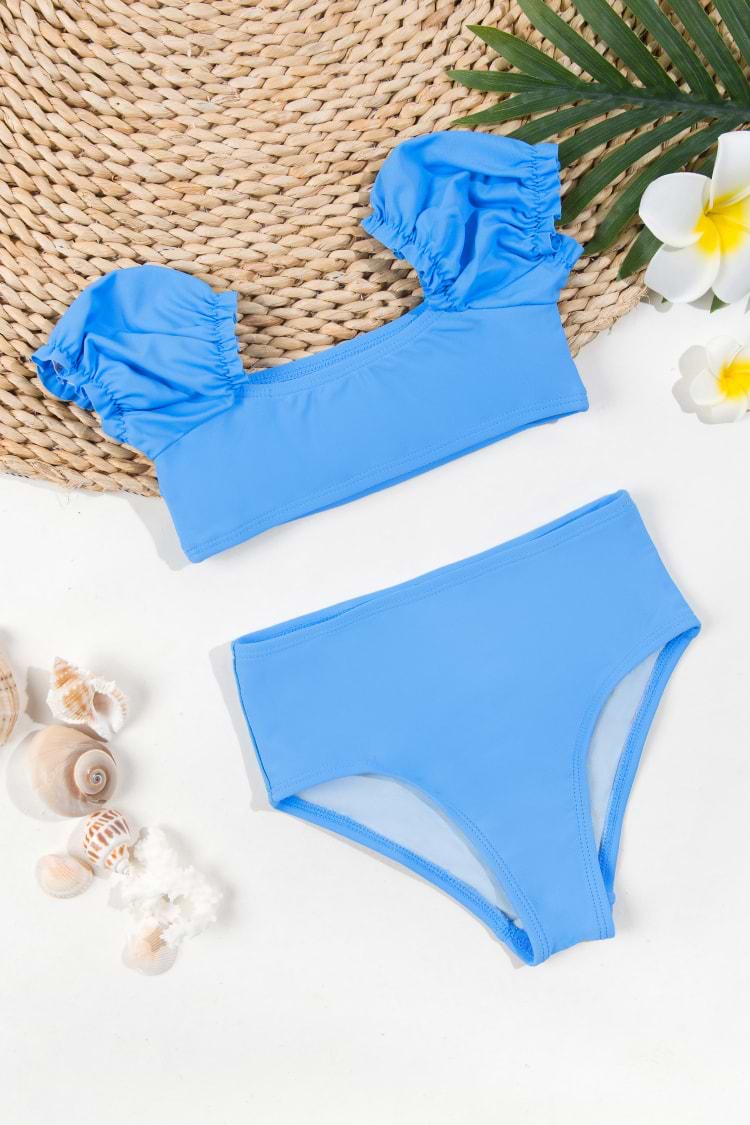 Girls Vapor Wave Lettuce Edge Puff Sleeve Bikini Set