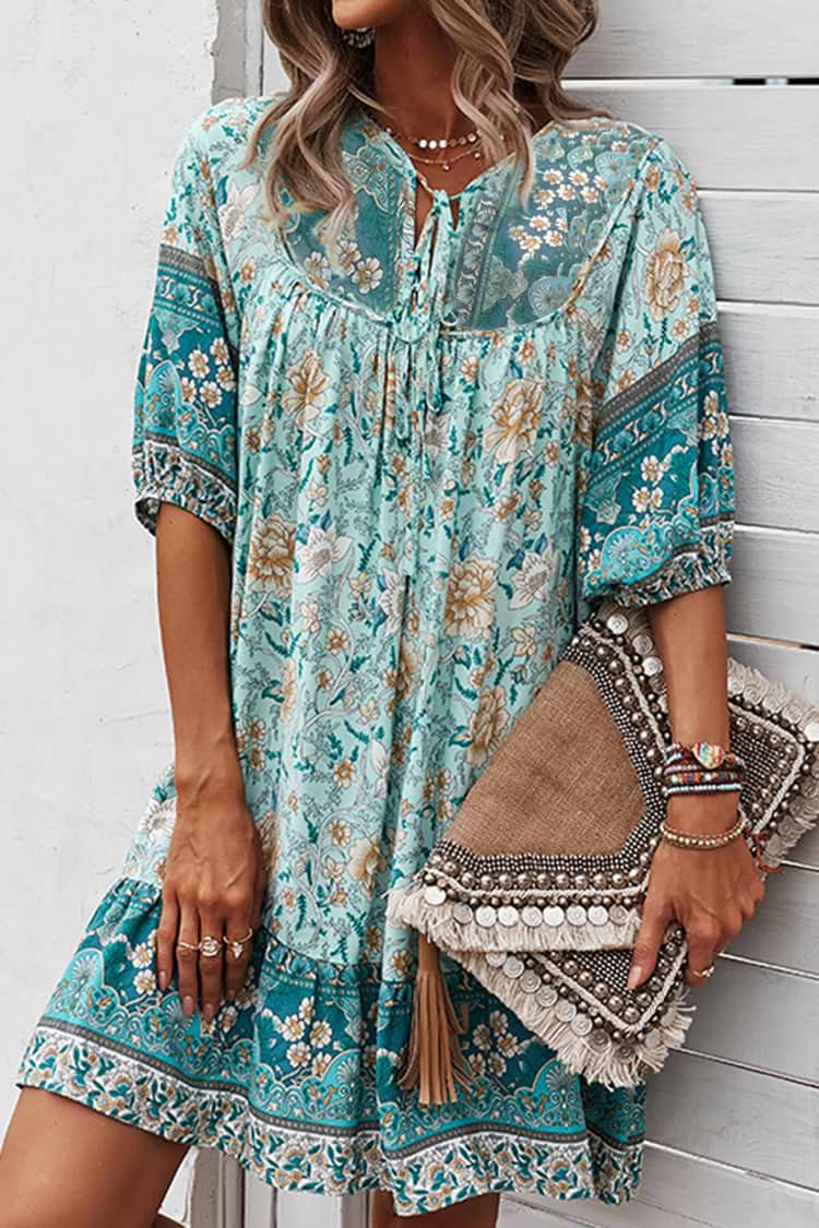 Paisley-Kleid mit Puffärmeln und Rundhalsausschnitt