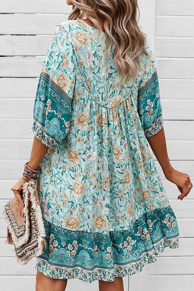 Paisley-Kleid mit Puffärmeln und Rundhalsausschnitt