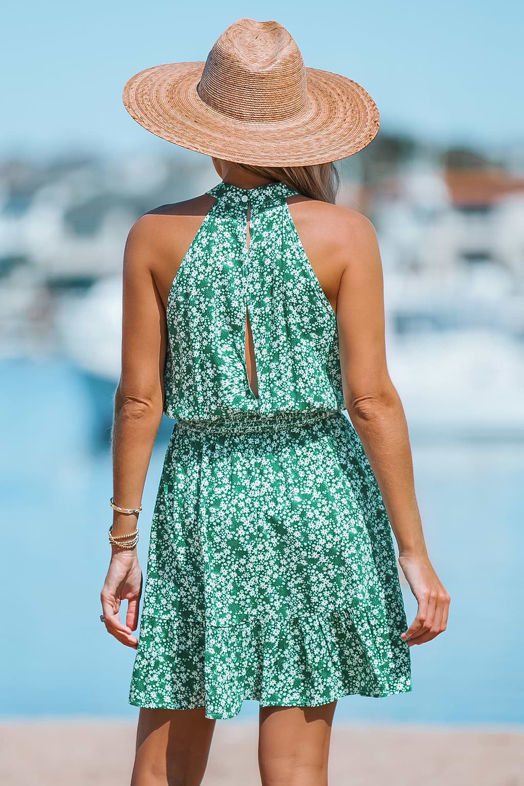 Gesmoktes Ärmelloses Minikleid mit Blumenmuster