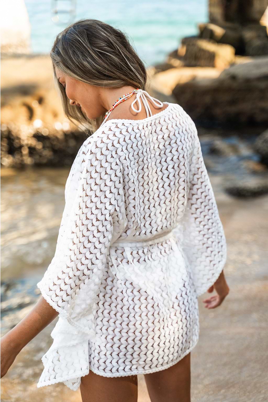 Wavy Semi-Sheer Belted Cover-Up Dress