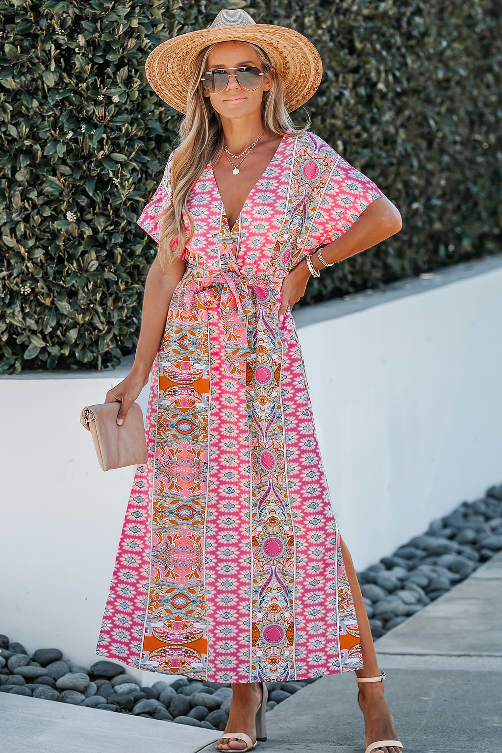 Floral Paisley Print Belted Maxi Dress