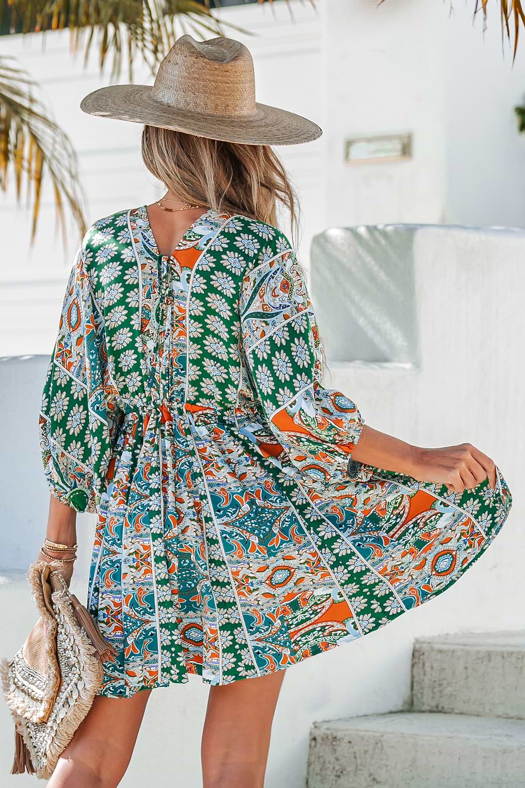 Floral Ornate Print Tie Front Dress