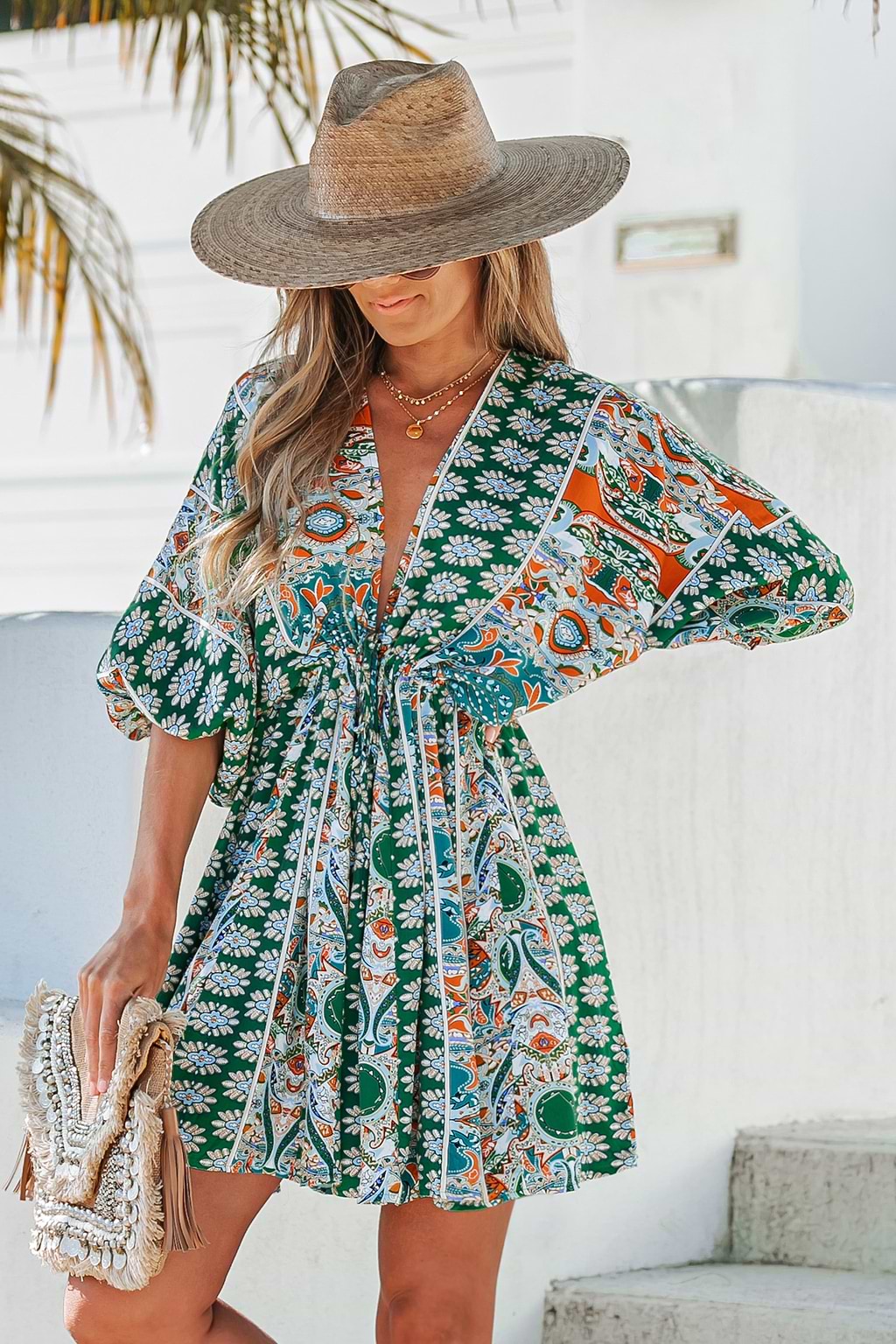 Floral Ornate Print Tie Front Dress