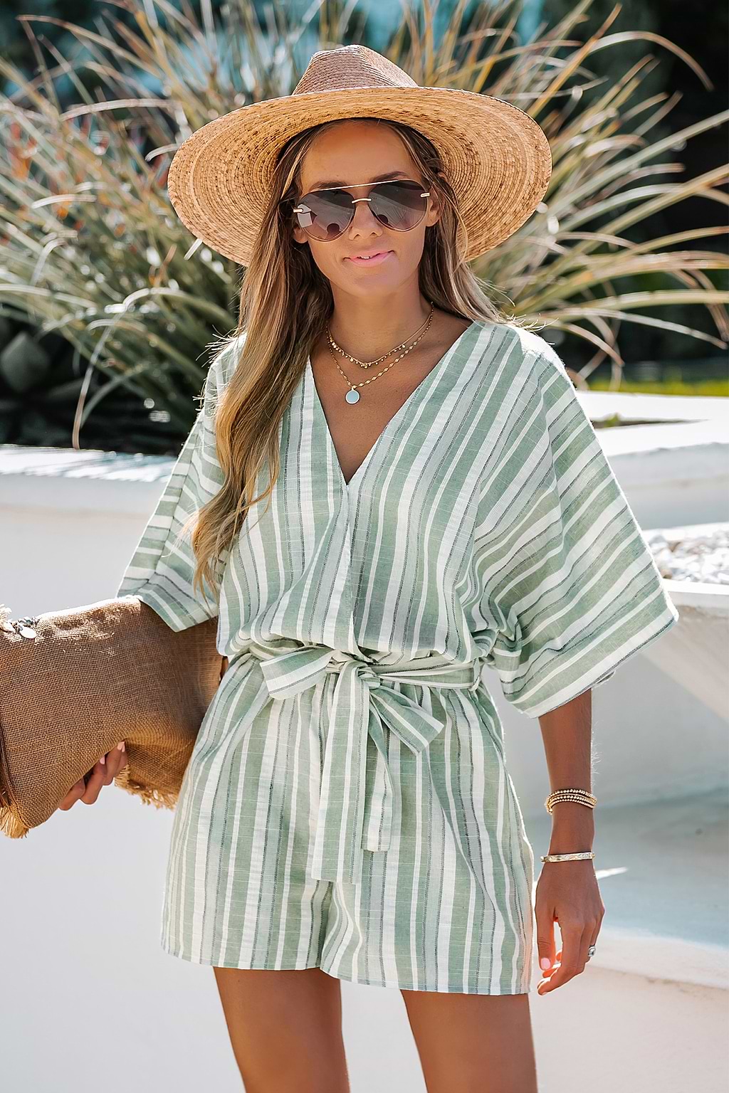 Belted Surplice Neck Striped Romper