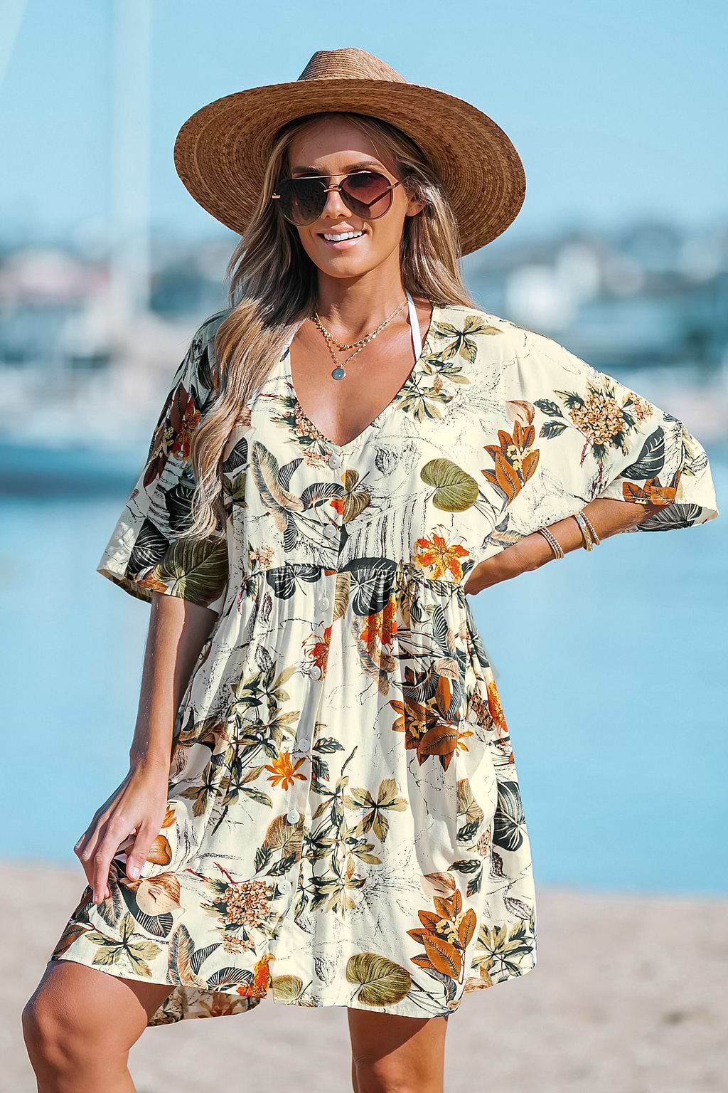 Yellow Tropical Leaf Print V-Neck Cover-Up Dress