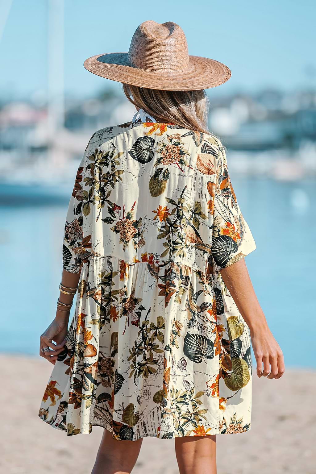 Yellow Tropical Leaf Print V-Neck Cover-Up Dress