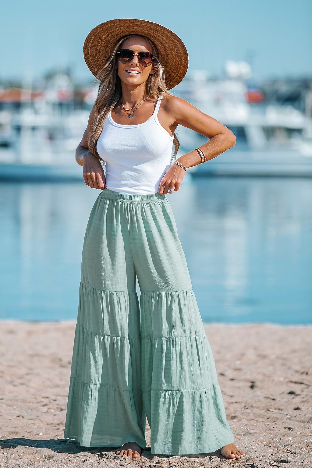 Tiered Hem Wide-Leg Pants